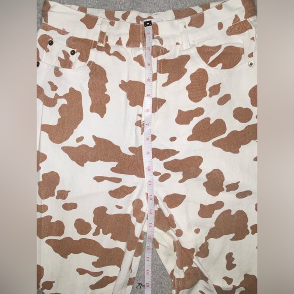 Shekou Brown and White Cow Print Wide Leg Jeans | Size: L - Picture 7 of 8